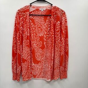 Chicos Orange White Paisley‎ Print Long Sleeve Lightweight Open Front Cardigan